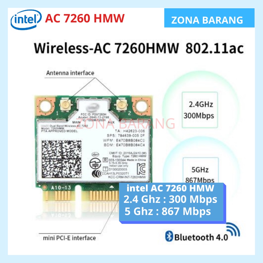 Wifi Card Wireless Intel AC 7260 HMW Bluetooth HALF MINI PCIE 1200 Mbps Dual Band  2.4Ghz / 5Ghz