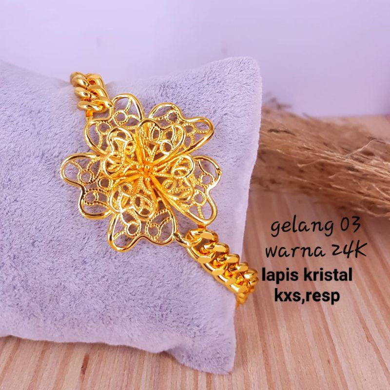 Gelang lapis kristal warna emas 24k, warna lebih awet