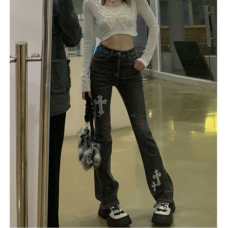 Red Cross retro denim celana mikro wanita versi Korea musim semi dan musim panas baru high street slimming design celana melebar kaki lebar