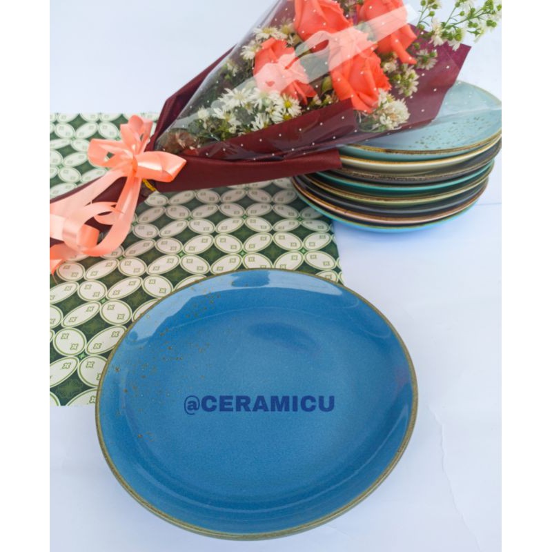 PIRING MAKAN KERAMIK MURAH / SALAD PLATE RUSTIC ukuran 21cm-Navy