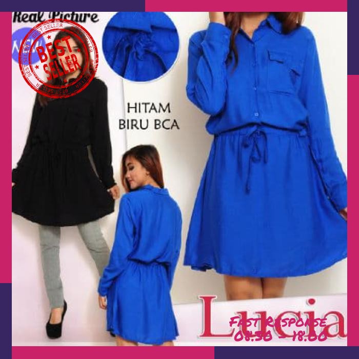 [ Dress Lucia Sw] Pakaian Wanita Dress Warna Biru Bca Dan Hitam