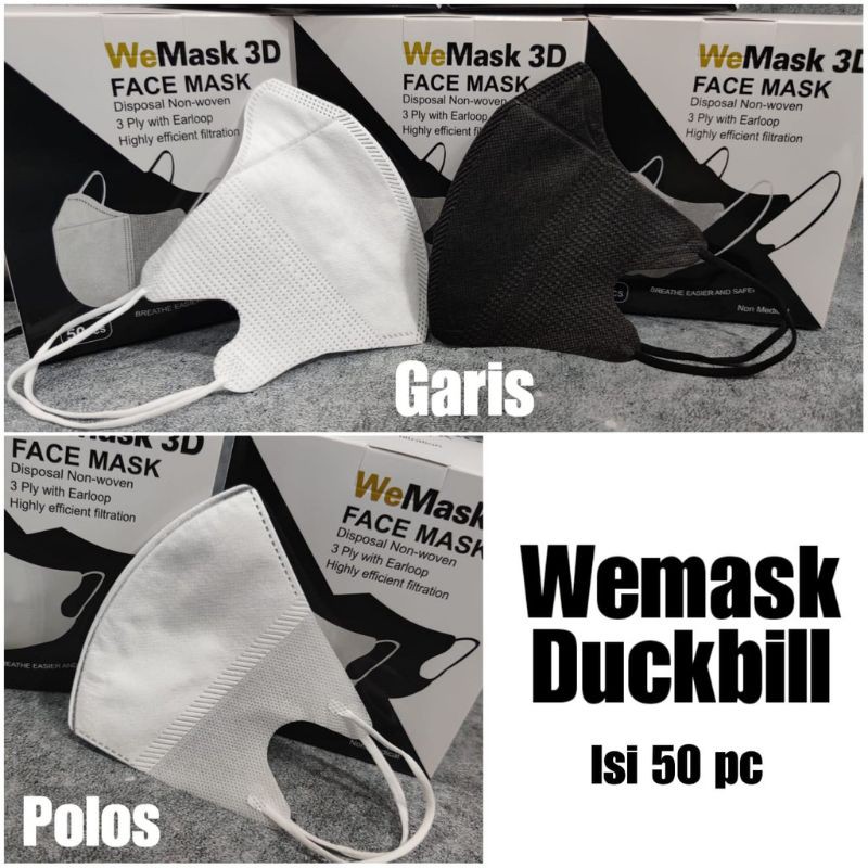 READY STOK MASKER DUCKBILL WE MASK WE MAZE WEMAZE GARIS PUTIH GARIS HITAM, PUTIH POLOS ISI 50 PER BOX