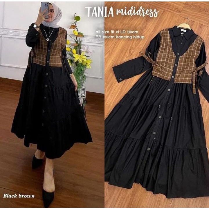 Tania Midi Dress Baju wanita Gamis Bahan Tile dot Mix Bulgury Rompi Nempel Ld 110 Cm Pb 132 Cm