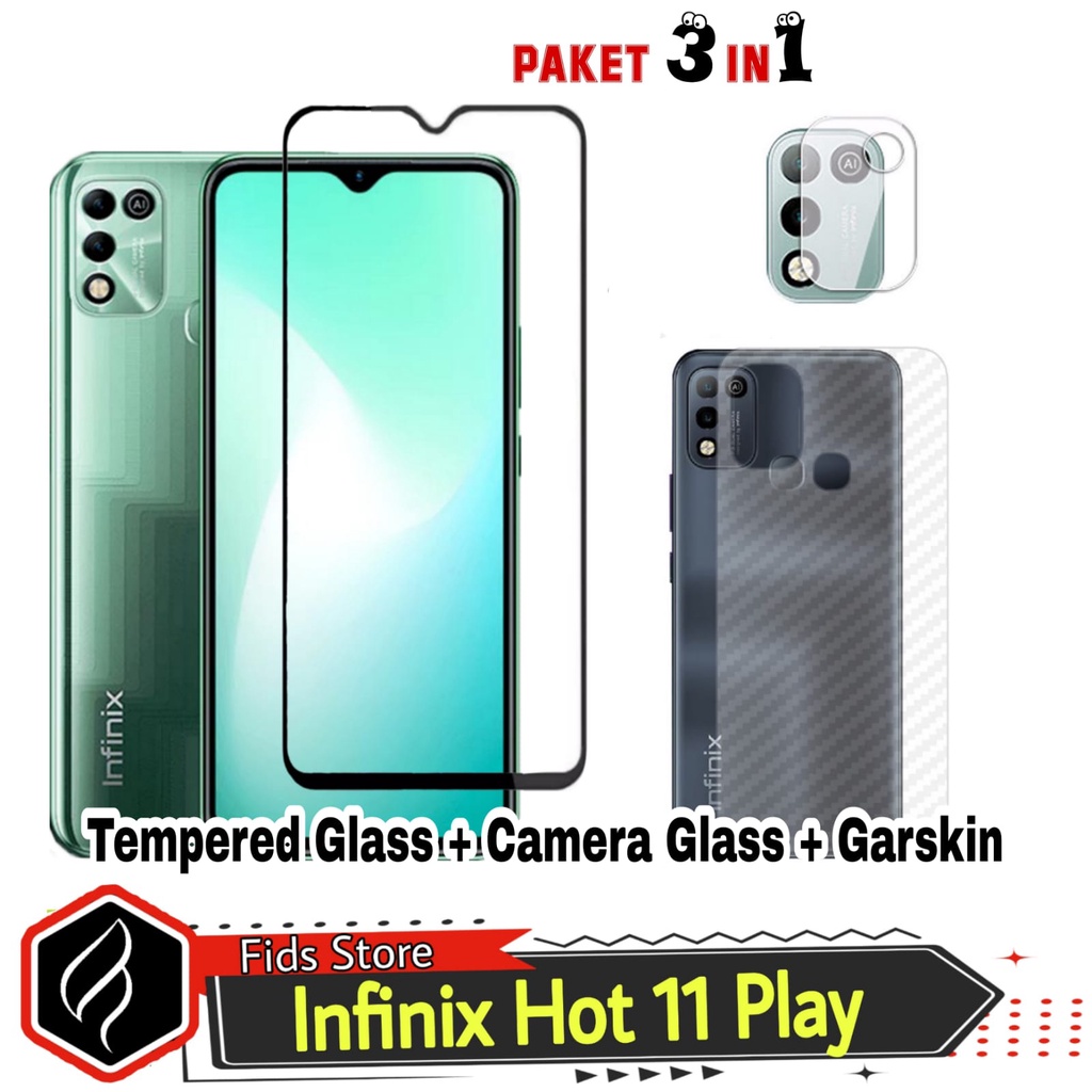 PROMO 3in1 INFINIX HOT 11 / INFINIX HOT 11 Play Tempered Glass  Free Anti Gores CAMERA &amp; GARSKIN Carbon