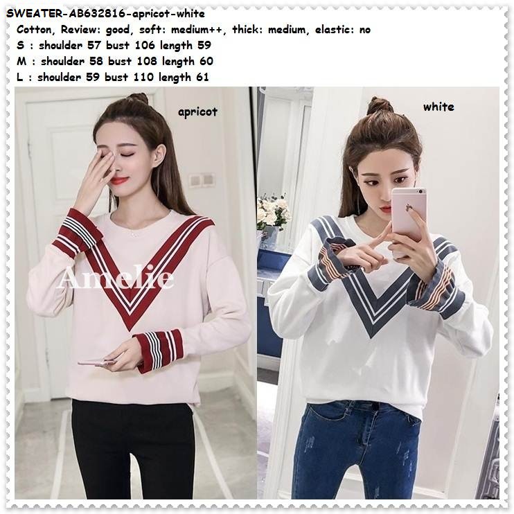 Baju Atasan V Sweater Sweatshirt Korea Import Putih Cream White Pakaian Wanita Kekinian Murah