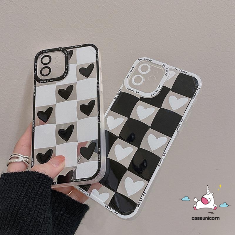 Soft Case Tpu Motif Kotak-Kotak Hati Tahan Banting Untuk iPhone 11 12 13 pro Max 6 6s 7 8 plus X XR XS Max SE 2020