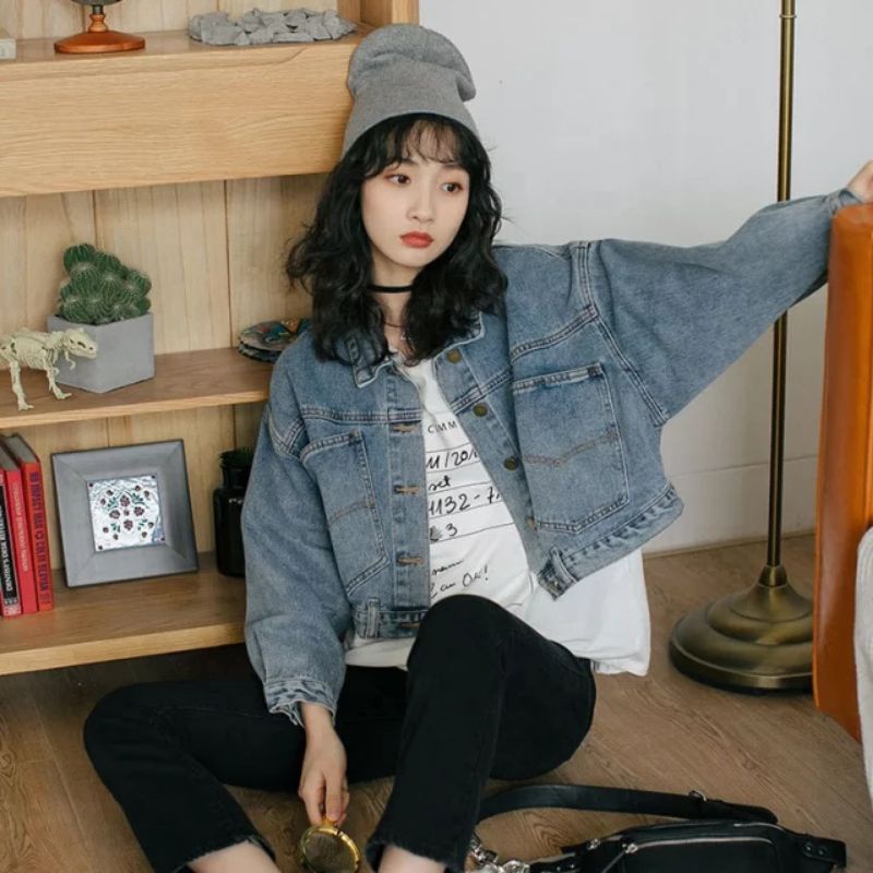 CELYN JAKET CROP JEANS BLACK SNOW OVERSIZE KUALITAS IMPORT