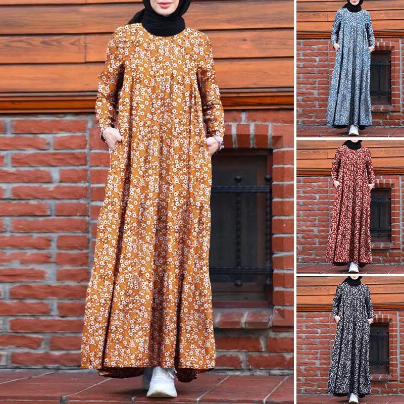 ZANZEA Gaun Maxi wanita import Casual/Gamis wanita jumbo motif bunga print Terbaru S-5XL