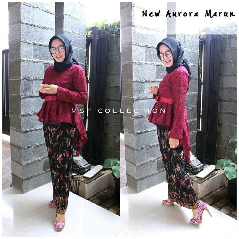PROMO!! SETELAN KEBAYA MODERN / KEBAYA BROKAT AURORA /KEBAYA REMAJA / KEBAYA PESTA-Set maroon