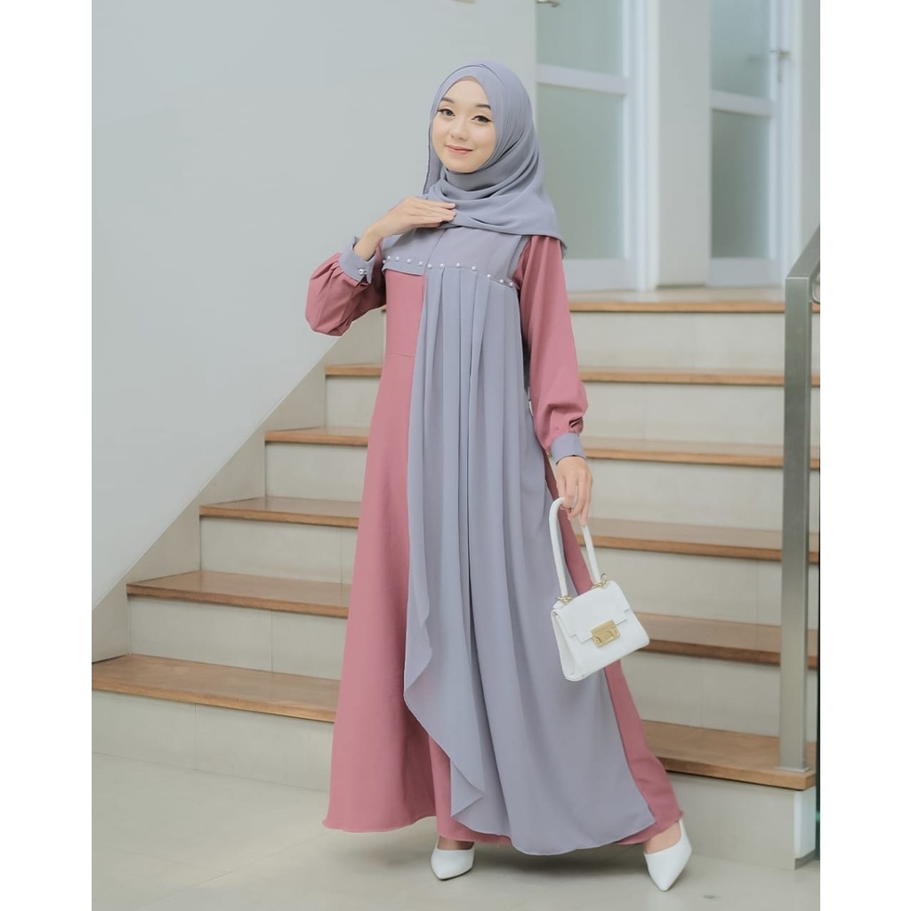 GAMIS TIARA ANNUR  SET HIJAB TABUR MUTIARA CANTIK ITYCREPE MIX CERUTY PREMIUM PUTIH LEBARAN MANASIK HAJI