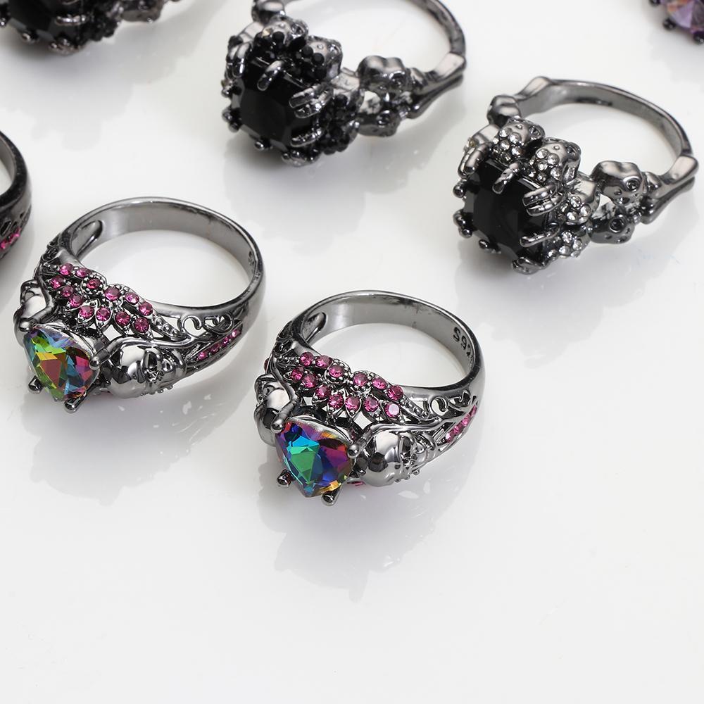 Cincin Desain Kerangka Tengkorak Bunga Halloween Gaya Retro Punk Untuk Wanita