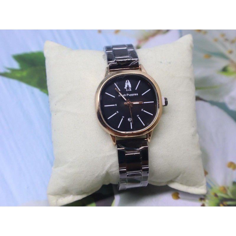 (Grosir)Jam Tangan Wanita Hush Puppies Bulat Tanggal Bawah Strap Rantai(Terima Cod)