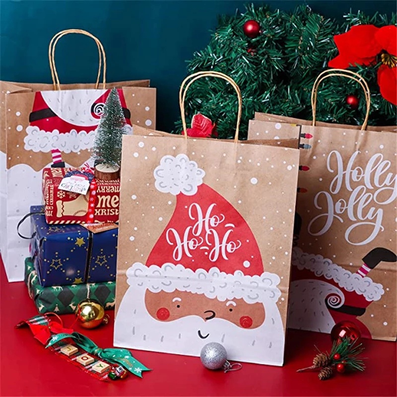 1 Pc Tas Kertas Kraft Motif Santa Claus Kaus Kaki Pohon Natal Untuk Perlengkapan Pesta