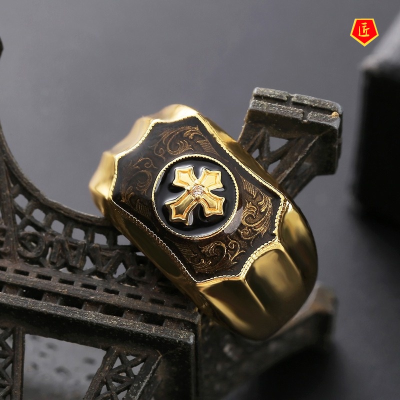 [Ready Stock]Creative Golden Black Agate Cross Faith Ring