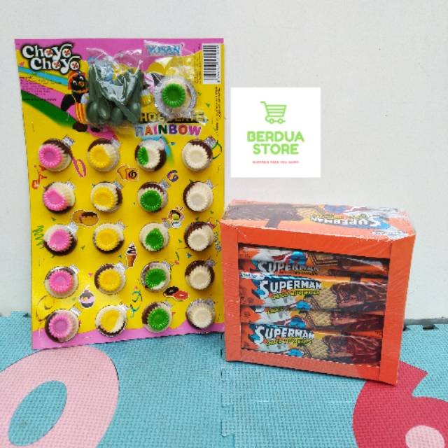 

Cemilan Murah Snack Jadul Choyo choyo cup dan wafer Superman coklat susu