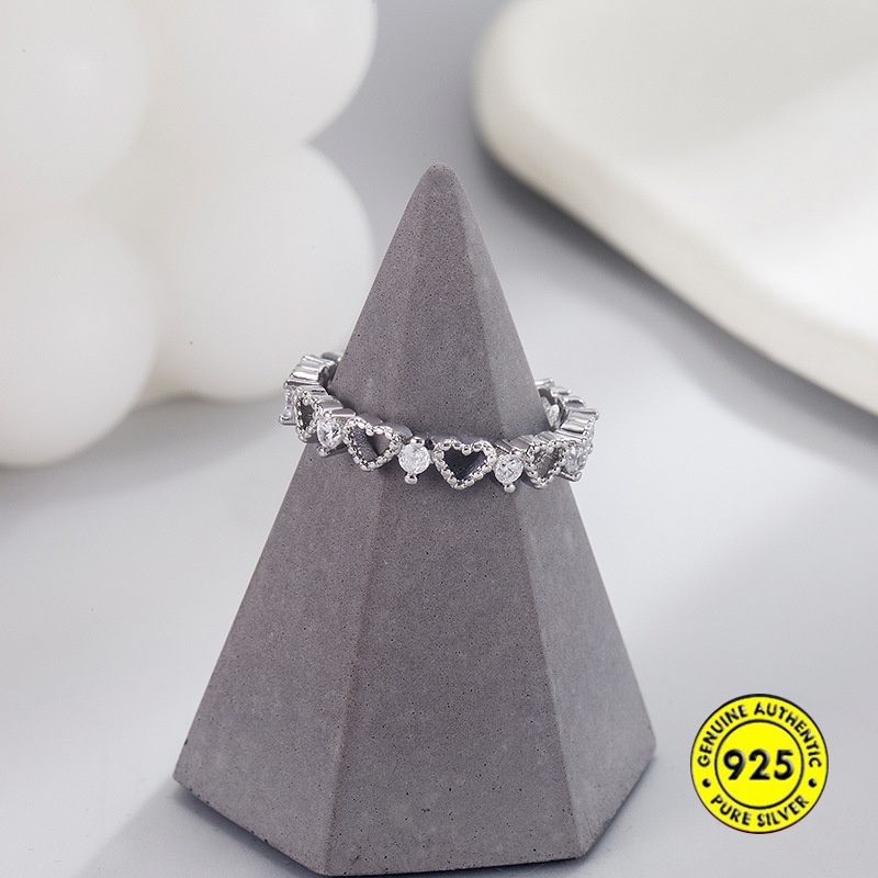 Cincin Model Terbuka Bahan Sterling Silver 925 Desain Hati Hollow Hias Berlian Untuk Wanita
