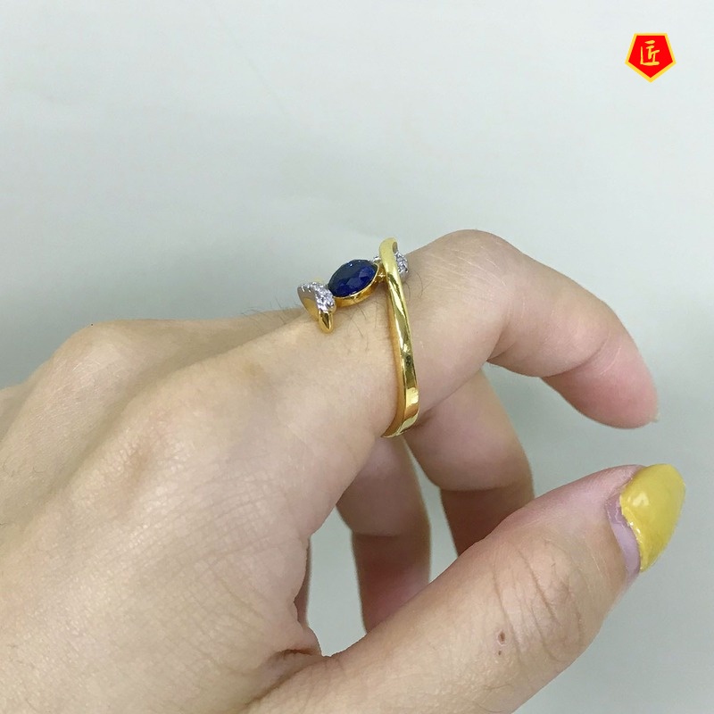 [Ready Stock]18K Gold Inlaid Sapphire Two-Tone Ring Creative Personality