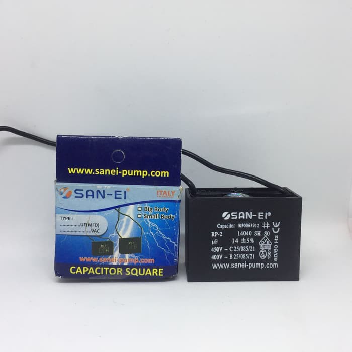 CAPACITOR  KAPASITOR POMPA AIR 14UF 450V KOTAK KABEL