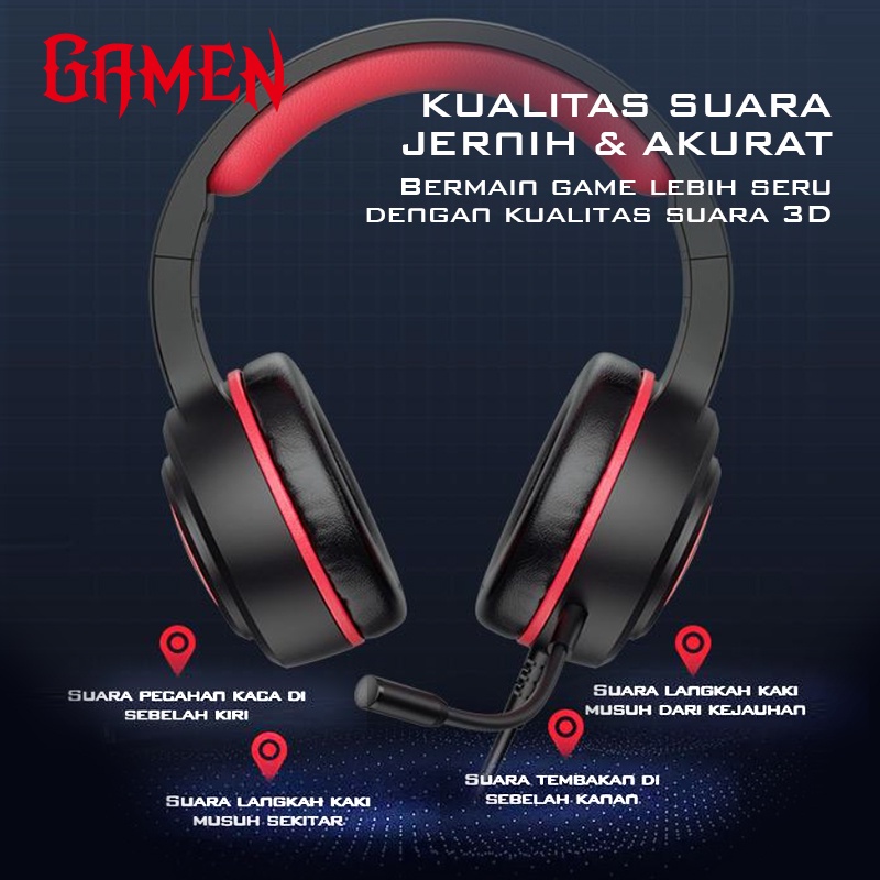 GAMEN Gaming Professional Headset / Earphone / Headphone Gaming GH100 Black 3D Sound With Mic For PC / Handphone / Laptop Original - Garansi 1 Tahun