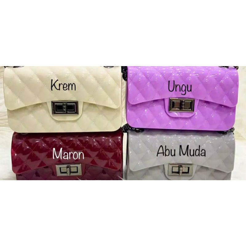 Tas Jelly Glossy Import Selempang Rantai Hitam Besar