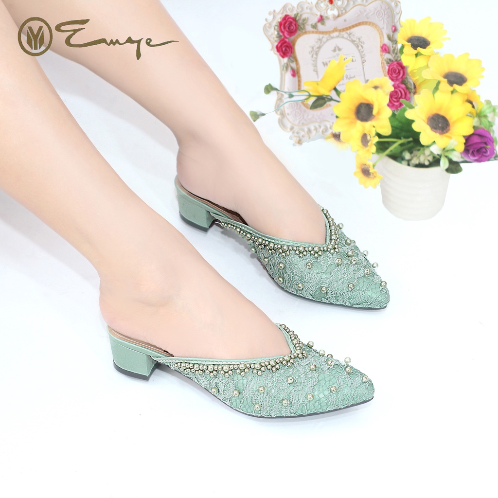 EMYE - Sandal Pesta Wanita Brukat Payet Hak Tahu 3cm I Sandal Wedding Brukat Wanita I Slop Wedding Shoes Brokat Payet Wanita