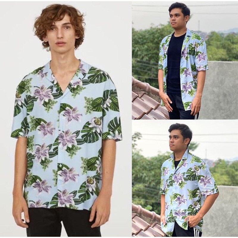 H&M Relaxed fit resort shirt - Blue/Floral (kemeja pantai pria) (HM27)(RA 4-2)