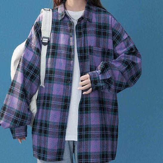 Kemeja Flanel Wanita BB45-70kg Blouse Kotak Kotak Baju Korean Style Wanita Outer Kemeja-76# ungu