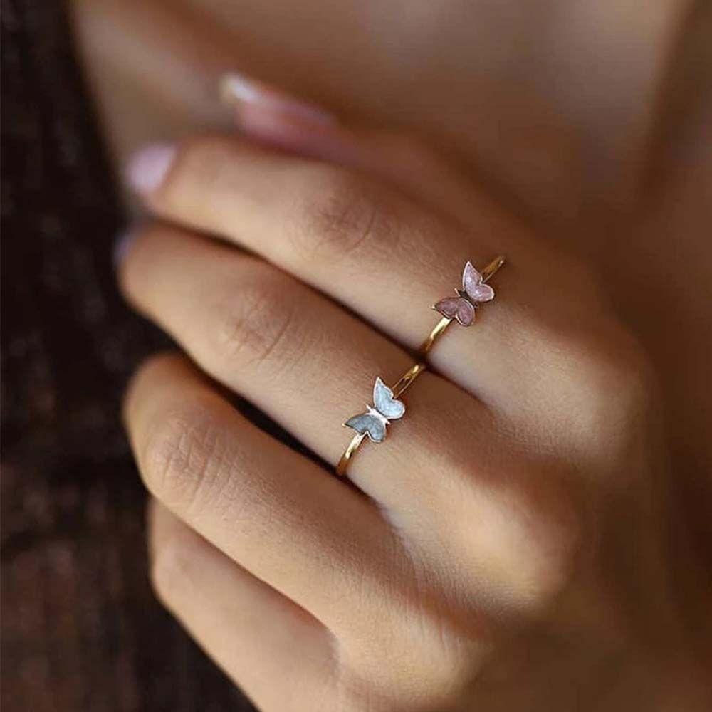 Agustina Kupu-Kupu Cincin Alloy Adjustable Pink Biru Aksesoris Fashion Warna Emas Sliver Color Women Rings