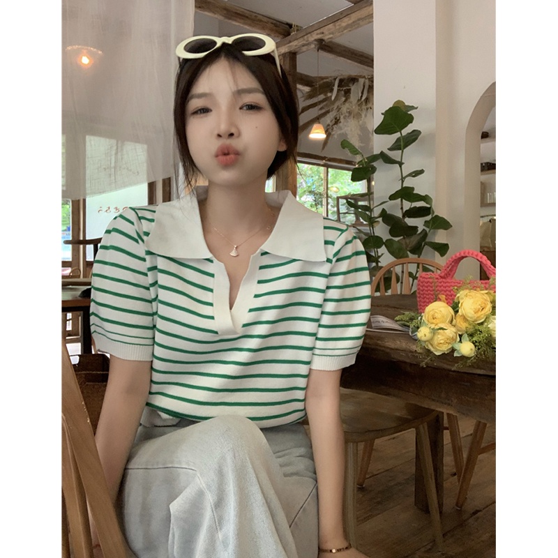 Atasan Rajut Wanita Lengan Pendek Stripe Shirt