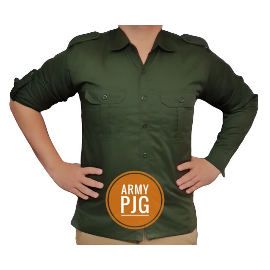Kemeja Pria Hijau Army Lengan Panjang Seragam PDL Hem Katun Seragam Kerja Baju Taktikal Hem Pangkat