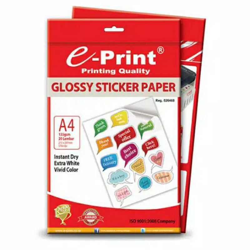 

GLOSSY STICKER PAPER EPRINT A4 135 GSM 20 LEMBAR