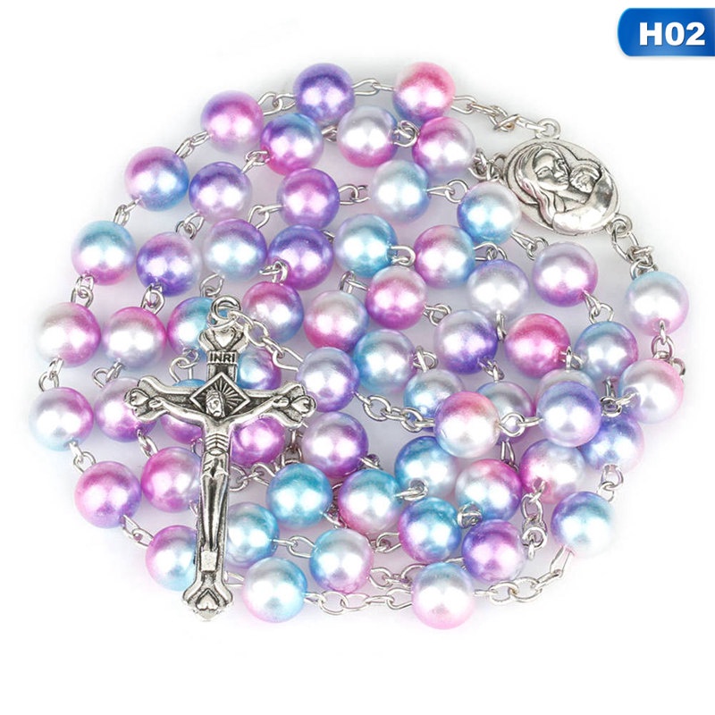 Fashion Bead Glass Pearl Catholic Christian Cross Catholic Rosary Necklace Gifts