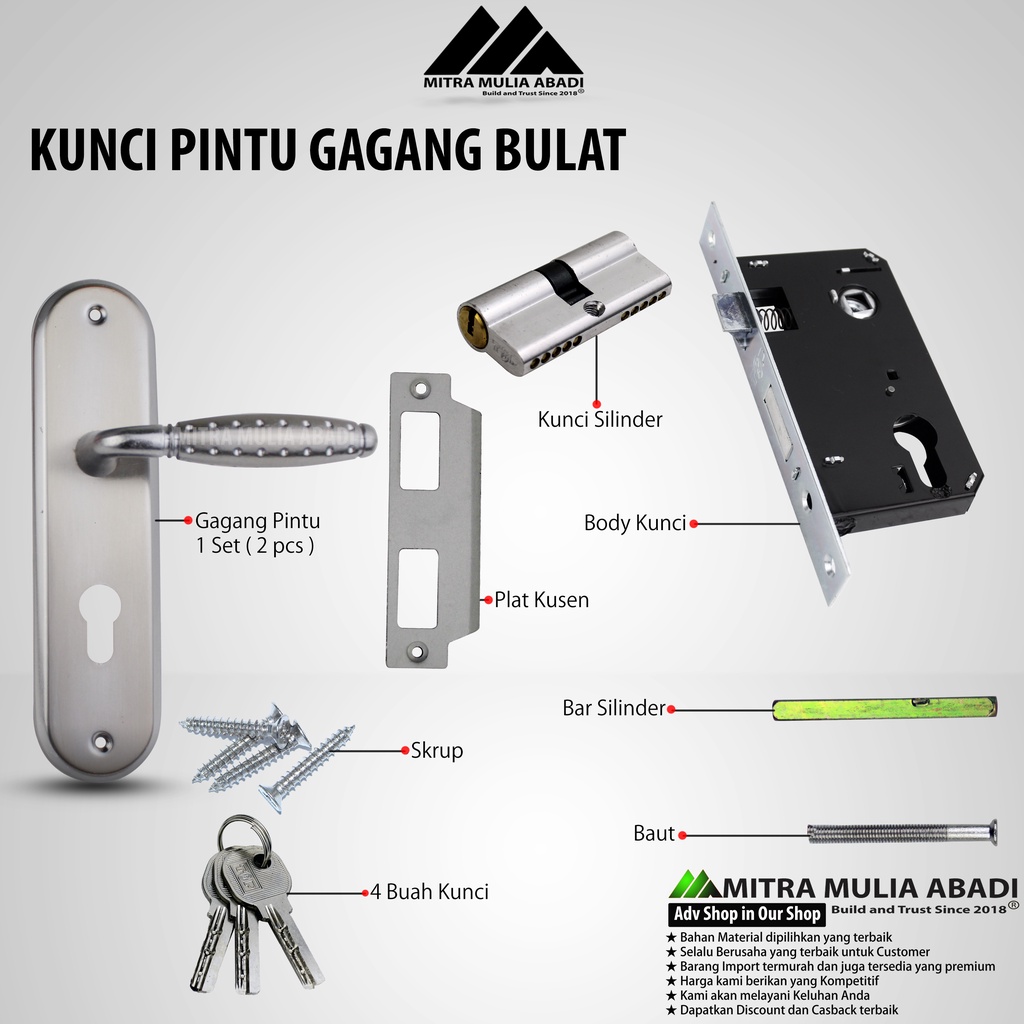 Kunci Pintu TOP GRANDE Silinder Kumplit Set 20 cm l Gagang l Handle I Dus Merah  SILVER