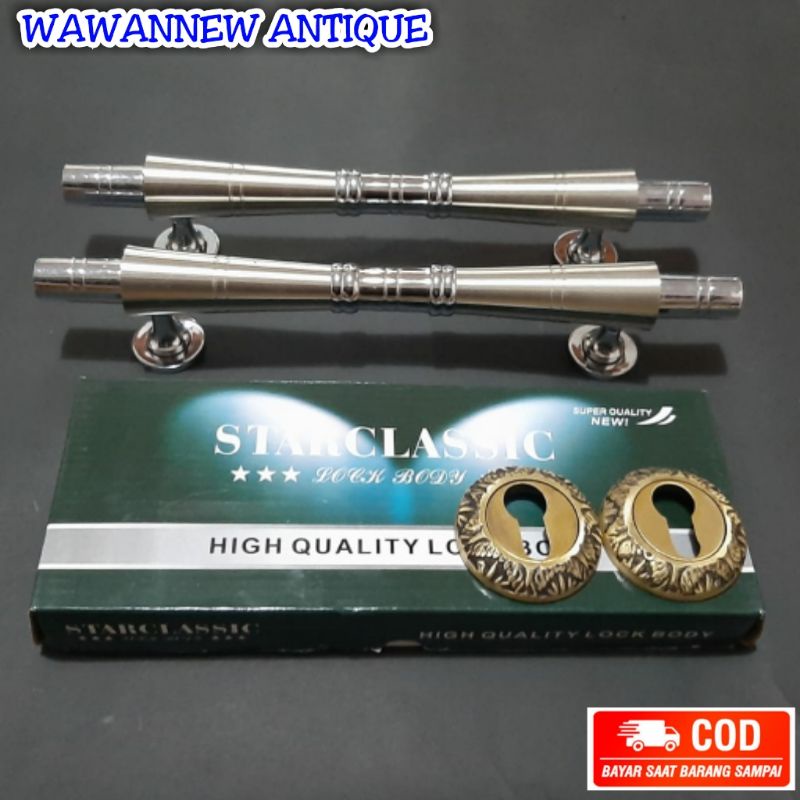 Handle Pintu / Gagang Pintu Rumah Kuningan + 1 Set Body Kunci Motif Bambu Chrome 34cm