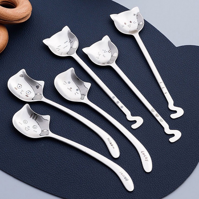 Kreatif Lucu Kucing304Sendok Makan Stainless Steel Dengan Gagang Panjang/High Quality Dessert Soup Spoon/Peralatan Makan Berguna Dapur/Sendok Pengaduk Kopi Alat Makan Makan Makan Makan Dinner