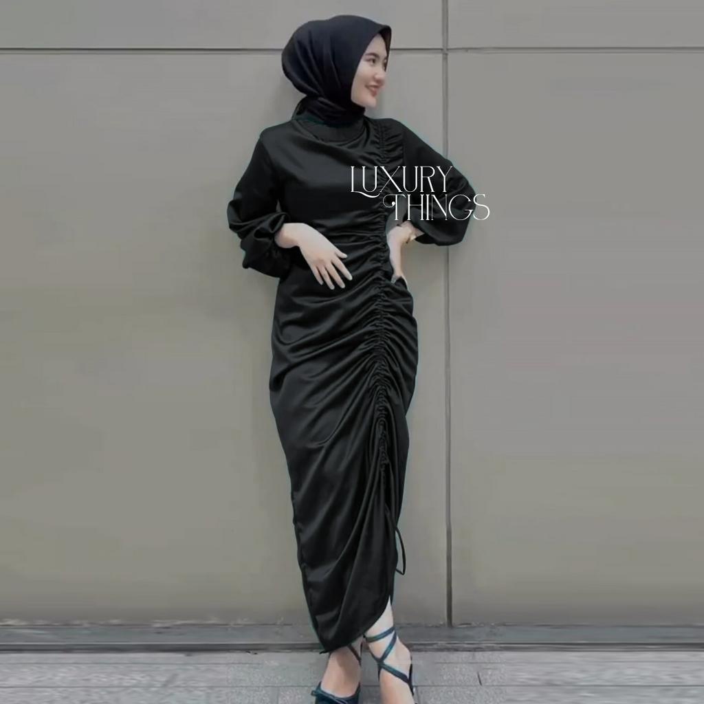 Dress Satin Dress Kondangan Korean Maxi Dress Lebaran Serut Lengan Panjang Dress muslim Hijab Friend