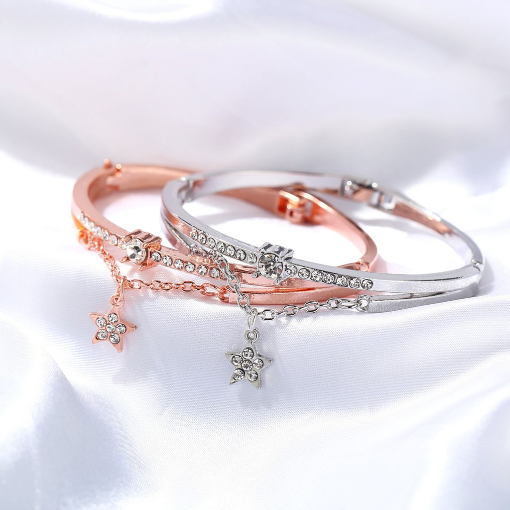 【CandyCat】Versi Korea Dari Gelang Baru Rose Gold Bintang Berujung Lima Berlian Logam Gelang Siswa Seni Gelang Perhiasan Grosir-7