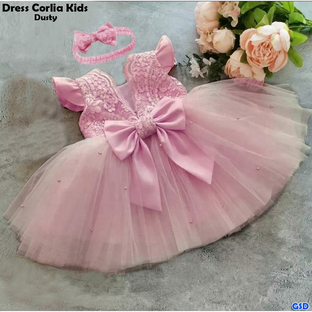 Kids Corlia/ Baju Anak FREE BANDO Terusan Dress Pesta Ada Mutiara Dan Pita Bahan Brukat Kombi Lapis Furing Usia 2 Thn  Sampai 4 thn