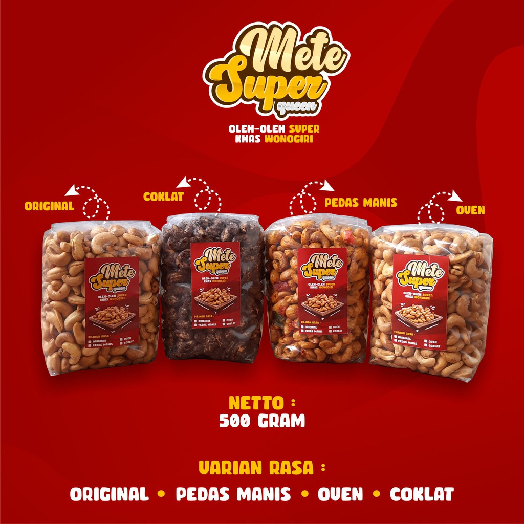 

Kacang Mete Wonogiri, mete mentah, mete oven, kacang mete pedas manis, mete coklat kemasan 500gram