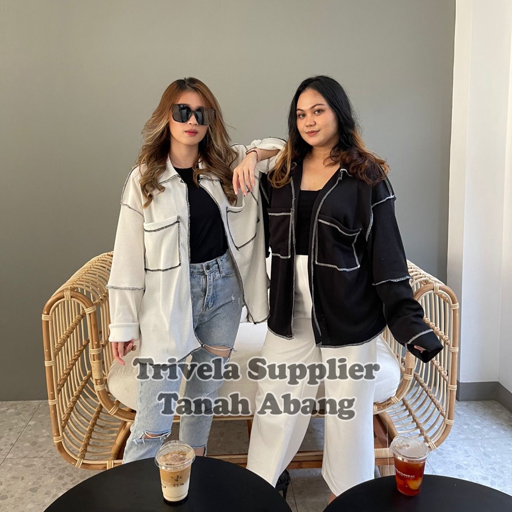 Outer Kemeja Rajut Bolbal Oversized BLACK &amp; WHITE