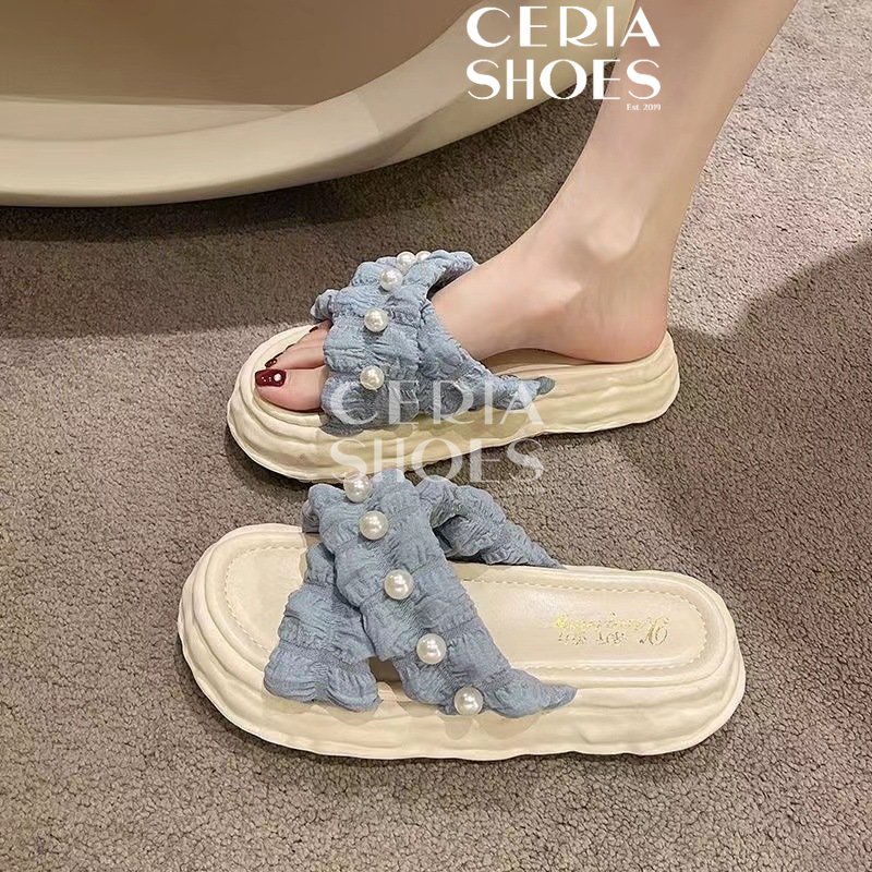 PVC Sandal Slop Wanita Jelly Import Motif Kain Mutiara Bahan LEntur Empuk Tebal Non-Slip Sole Super Soft Cross Cake