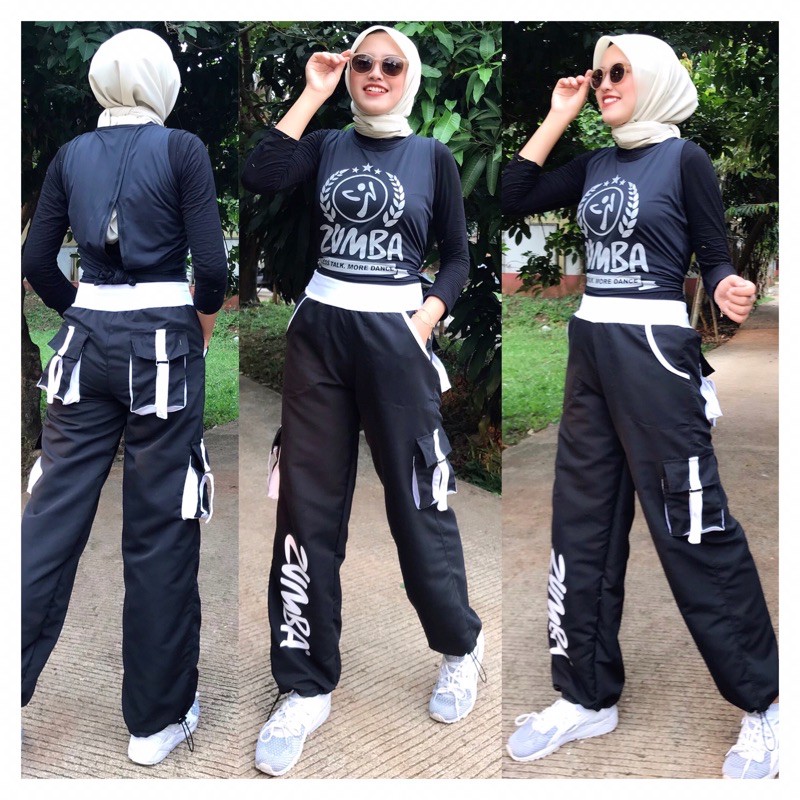 Cargo parasut zumba hitam sablon putih / celana training parasut untuk zumba fitness running unisex-8