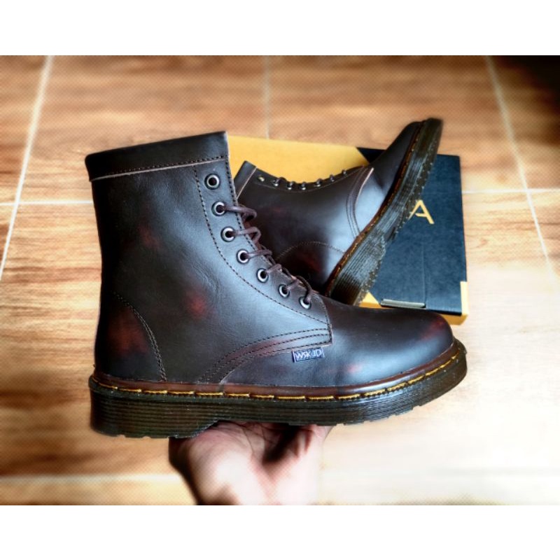 Sepatu Boots Docmart Pria Full Kulit Asli Brush Off Leather Maroon