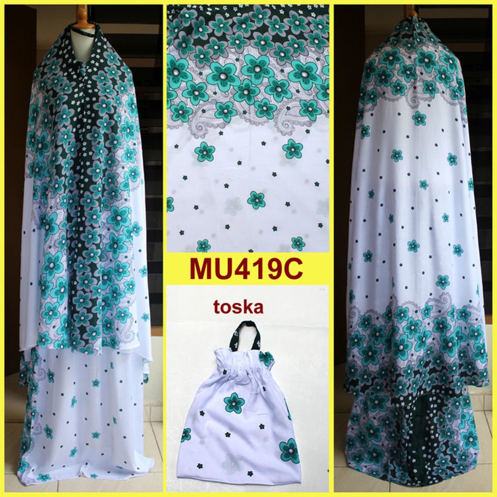 Dijual Mukena Bali Dasar Putih Motif Bunga Sakura Semi Jumbo   MU419C Toska Limited