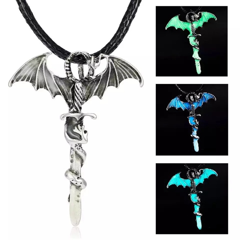 Kalung Lapis Silver Desain Naga Luminous Glow In The Dark Untuk Pria Dan Wanita