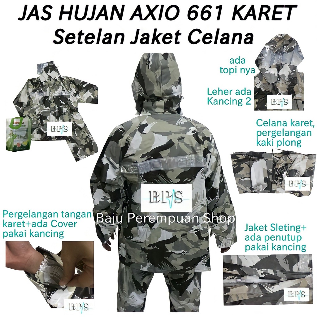 Jas Hujan Axio Karet Rubber 661 Camo Army/Mantel Hujan Axio AX 661 Karet/Mantol Hujan Axio AX-661 Rubber/Jas Ujan Raincoat Axio AX661 Setelan Dewasa Cowok Cewek