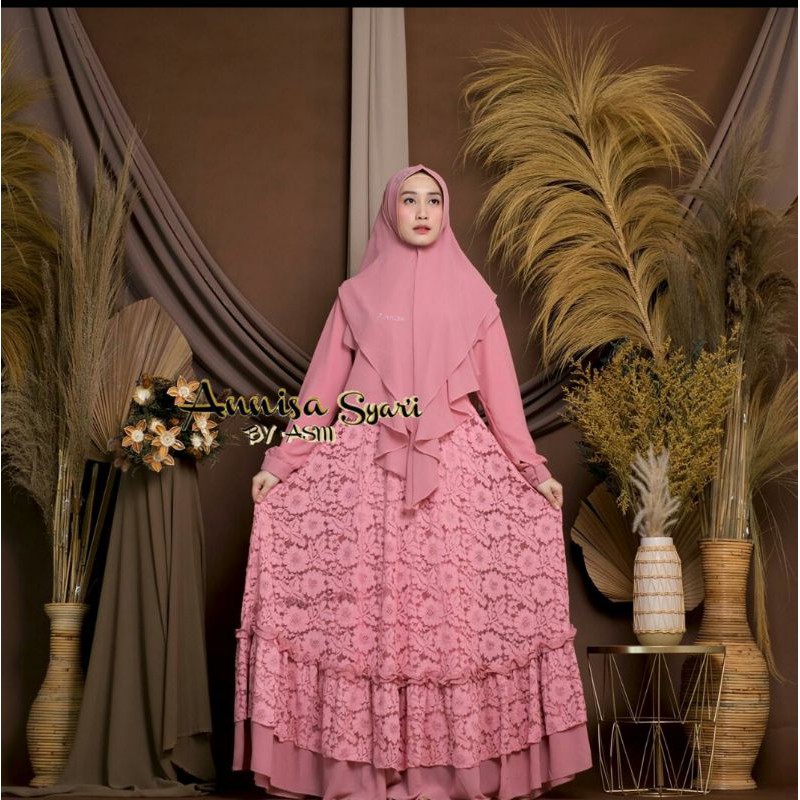 Gamis Annisa Syari By Asm Ceruty Babydoll Kombinasi Brukat - Gamis Lebaran Model Terbaru 2021 Lembut
