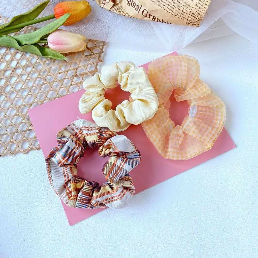 3Pcs/Set Ikat Rambut MF69 Scrunchies Ponytail Elastis Bhn Sifon Motif BungaDaisy-2
