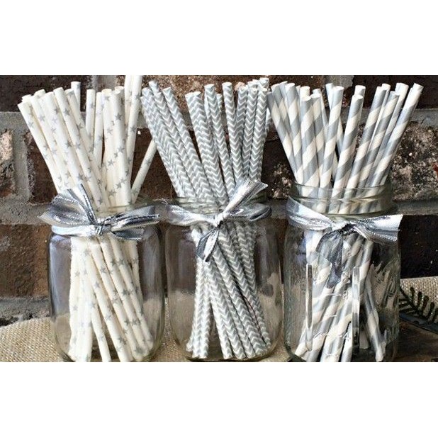 25 pcs Sedotan Kertas Emas Gold dan Perak Silver ~ Paper Straw Gold Silver ~ Banyak Motif