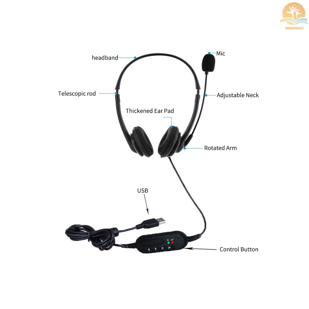 USB Plug Corded Headset Hands-Free Binaural Headphone with Noise Cancelling Microphone Mute Volume Control Button for Office Call Center Computer PC Laptop